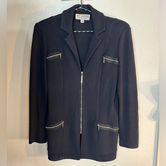 St. John by Marie Gray Black Jacket Blazer Zip Front Knit Women’s Size 4 - Picture 1 of 9